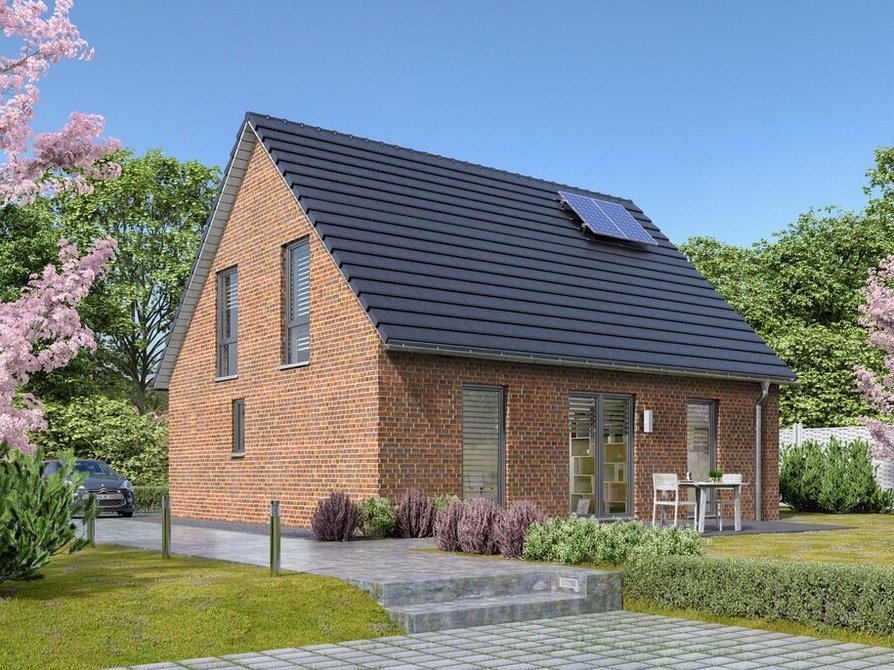 Das Einfamilienhaus Flair 130 mit Klinkerfassade, anthrazitfarbenem Satteldach, Photovoltaikanlage und bodentiefen Fenstern bietet traumhafte Ausblicke in den Garten.